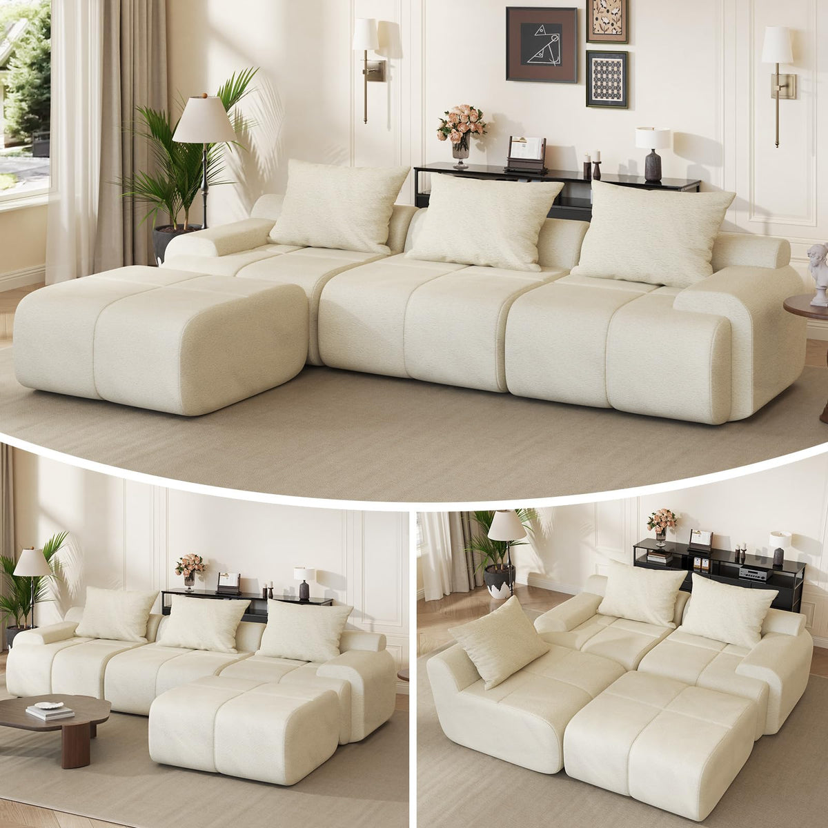 114" L Shaped Cloud-Loaf Modular Sectional Sofa, Extra Deep Seat Upholstery Cloud Couch with Ottoman, Boneless Memory Foam Couches for Living Room, Chenille Corduroy - Cream White