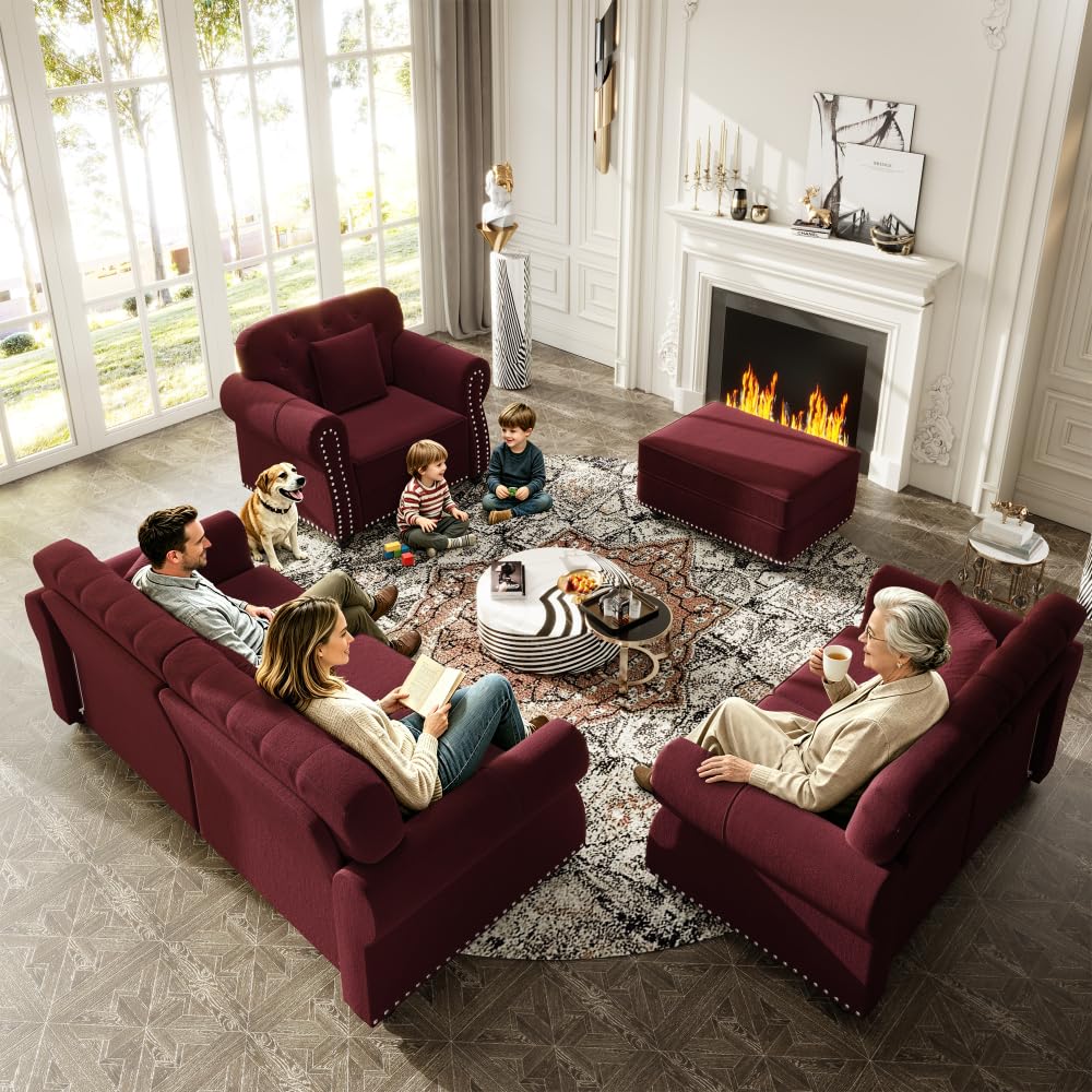 ZOEDO Upholstered Velvet Sofa with Nailhead Trim and Rolled Armrests,Mid-Century Modern Chesterfield Sofa with Button Tufted,Includes 1 Ottoman,Burgundy