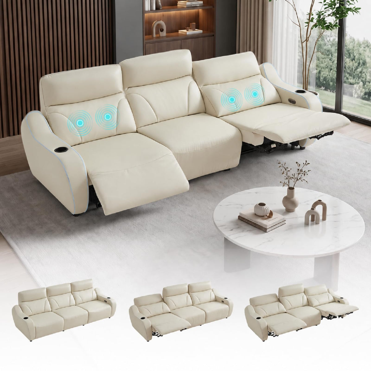 105"Genuine Leather Power Recliner Sofa with Massage, 3-Seater Zero Gravity Reclining Couch with USB Type-C Charging Ports, Cup Holders, LED Lights, Zero Wall Hugger Sofa for Living Room,Black