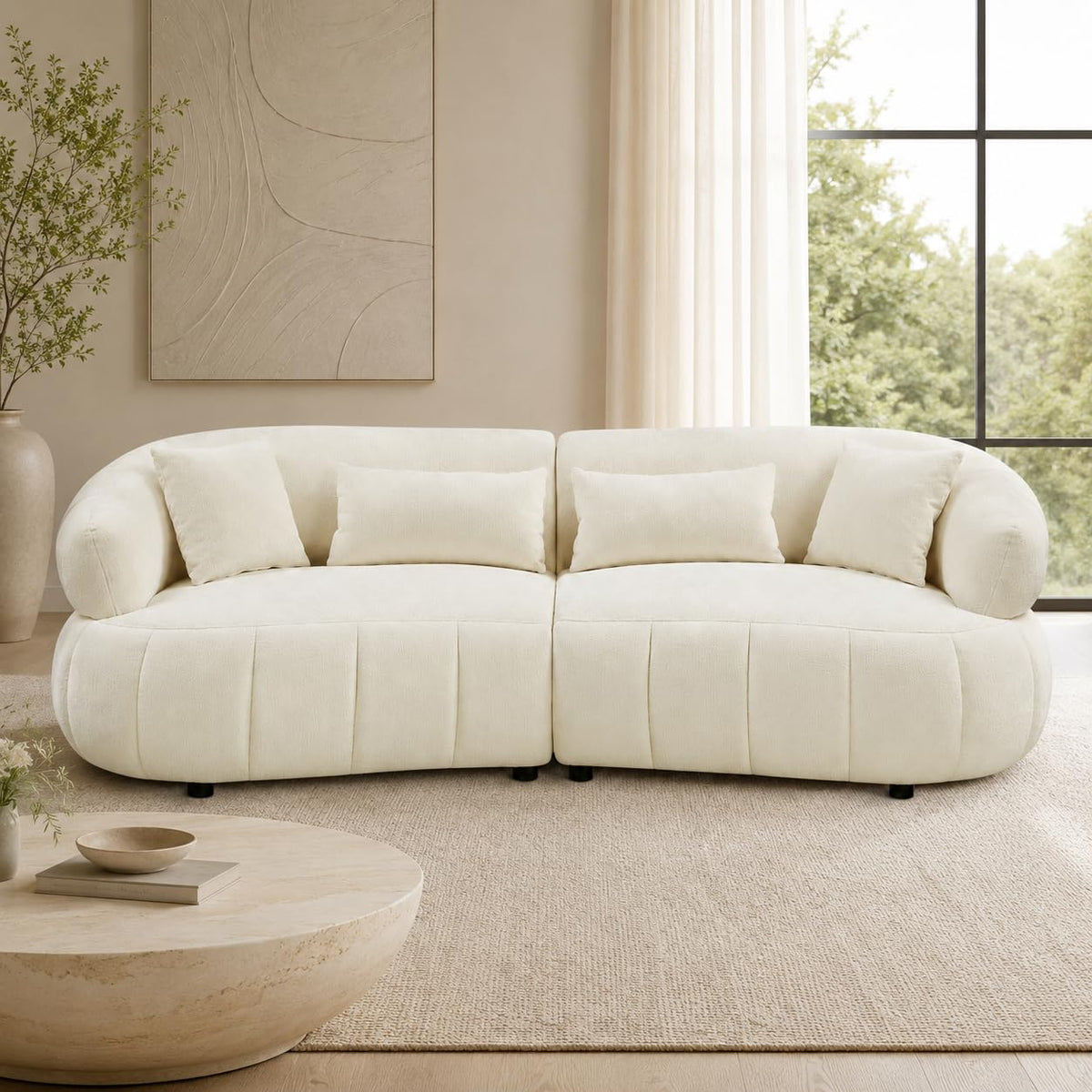 125-Inch Beige Boucle Sectional Sofa, 5 Seats, Left-Facing Chaise