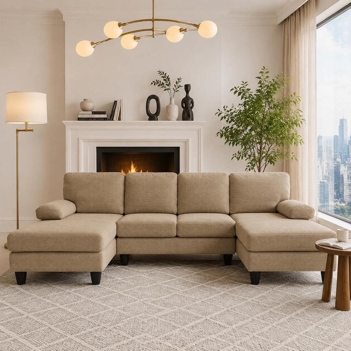 U-Shaped Sofa, Dual Chaise Sectional, 104 Inch, Camel