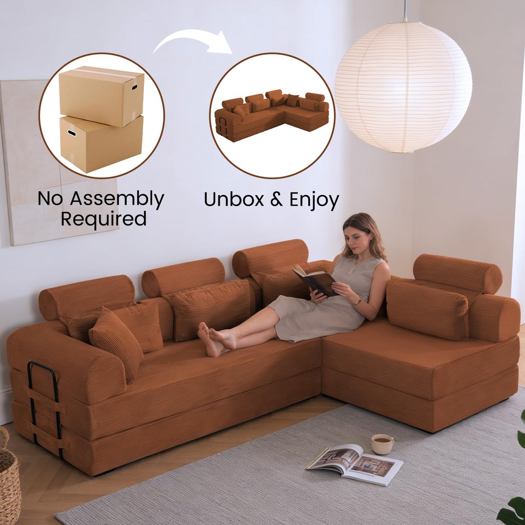 106" Convertible Sleeper Sectional Sofa Bed, 4-in-1 Corduroy Boneless Couch with Fixed-Shape Frame, Modular L-Shaped Sofa with Pillows, Fold Out Floor Sofa for Living Room Apartment (Orange)