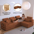 106" Convertible Sleeper Sectional Sofa Bed, 4-in-1 Corduroy Boneless Couch with Fixed-Shape Frame, Modular L-Shaped Sofa with Pillows, Fold Out Floor Sofa for Living Room Apartment (Orange)