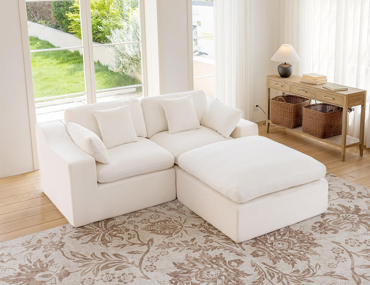 120" Cloud Sectional Couches -Oversized Modern Modular Sofa with Curved Handrail, Convertible L-Shape Couch with Ottoman,4 Chenille Seater Modular Sectional Sofa for Living Room,White