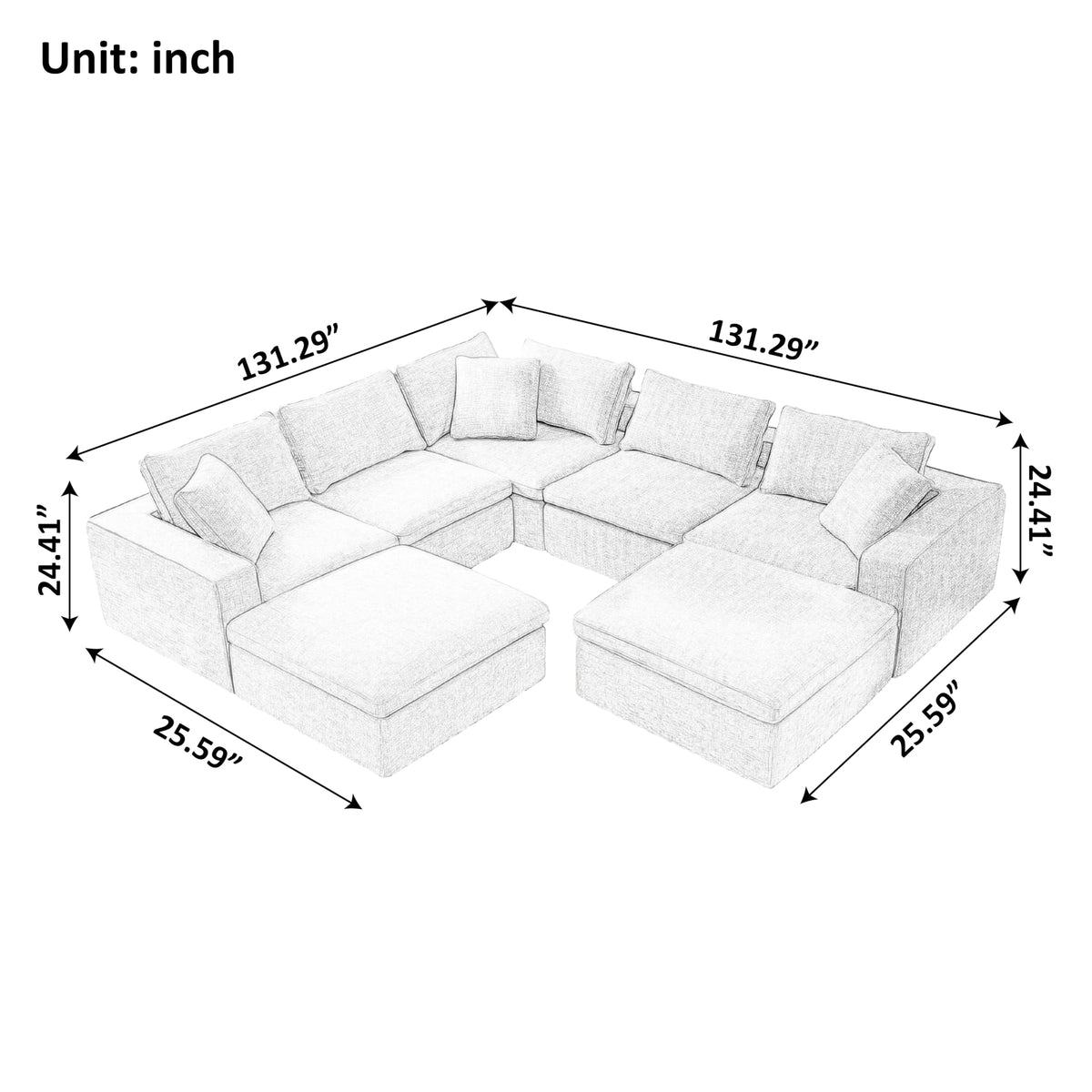 131" Cloud Modular Sofa, Oversized Sectional Couch with Washable Linen Fabric Covers, Large L-Shaped Deep Seat Sofa with Ottoman,7 Seater Down Filled Convertible Furniture for Living Room (Beige)
