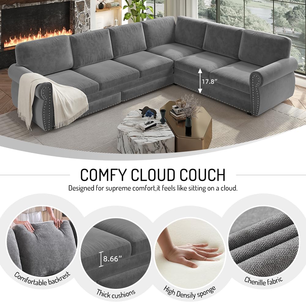 118'' Pull Out Couch, Convertible Sleeper Sofa Bed, Upholstered Sectional Sofa, Chenille L-Shaped Couch with Nailhead Trim, Modern Sectional Couches for Apartment, Living Room, Light Grey