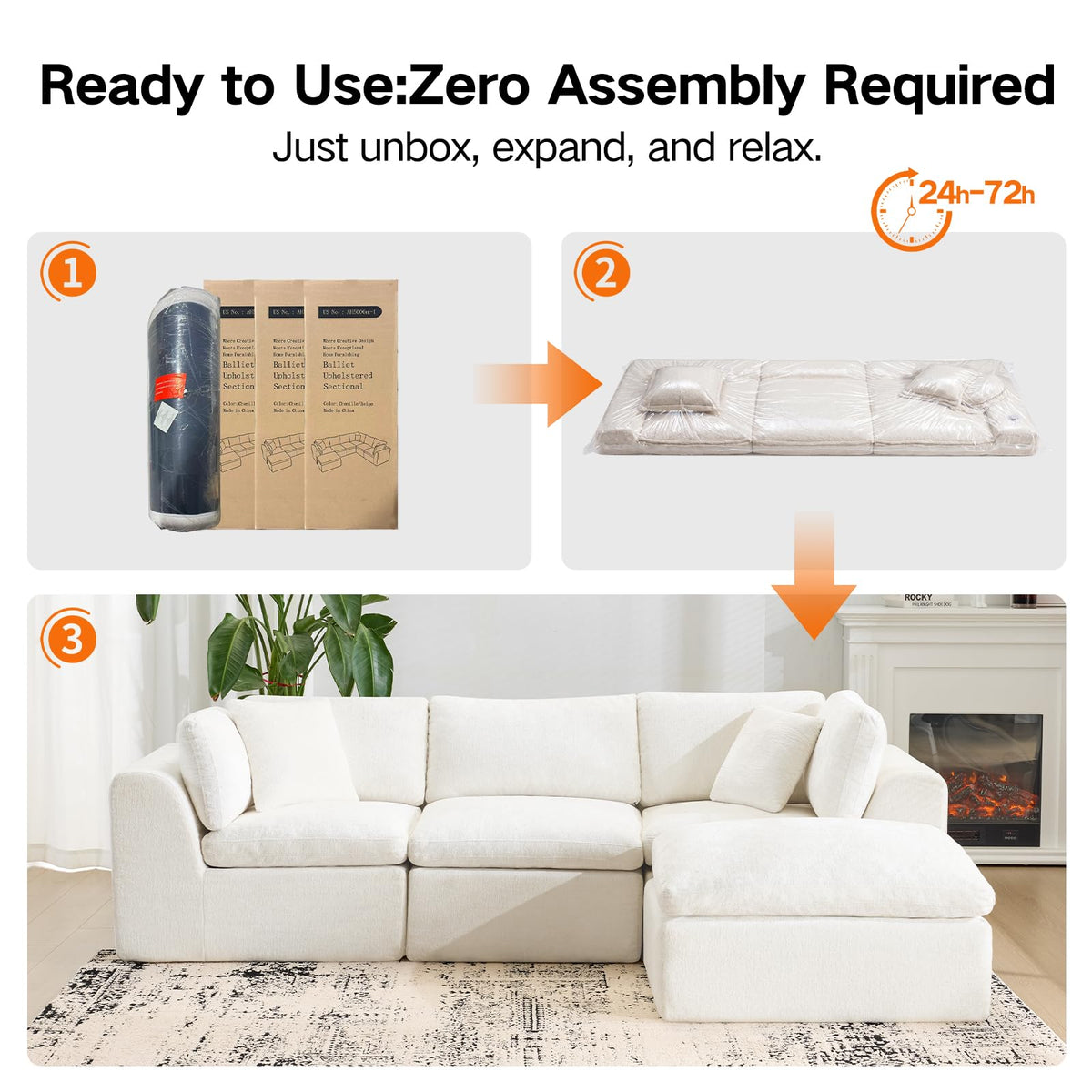 110" Beige Boneless Sectional Couch with Ottoman