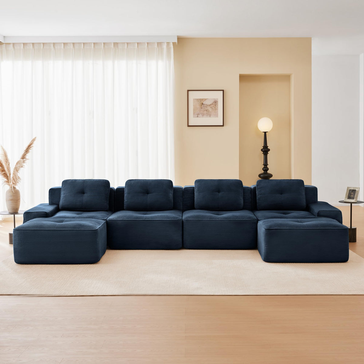 115.3” Camel Boneless Couches for Living Room, Modular Sectional Sofa with L-Shape Chaise, 3 Seater Comfy Upholstered Deep Seat Corduroy Fabric Cloud Couch No Assembly, Anti-Slip Design