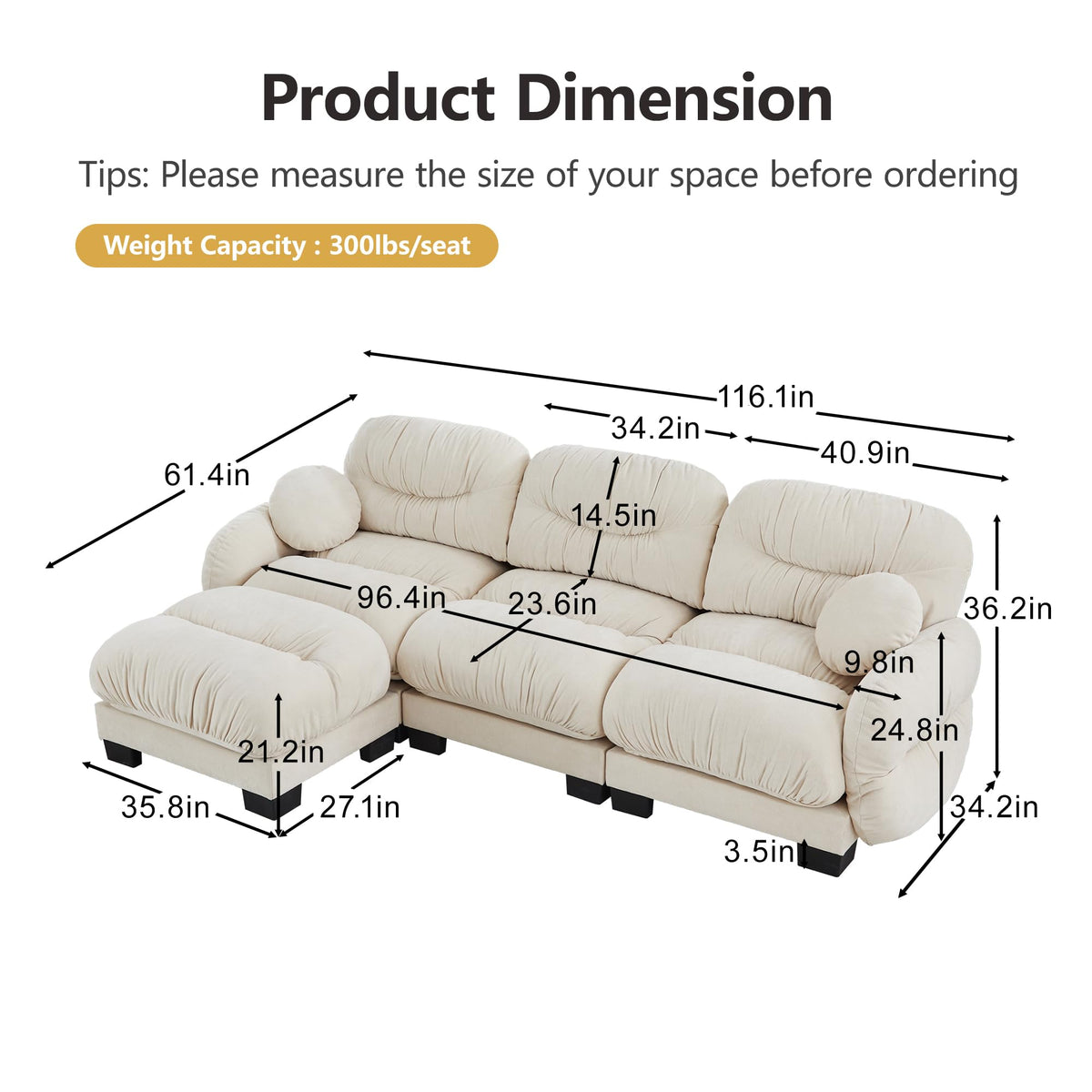 116" Cloud Modular Chenille L Shaped Sectional Sofa with Ottoman, Deep Seat Cloud Couch with Interlocking Metal Connectors for Modern Living Room (Beige, 3S+1O)