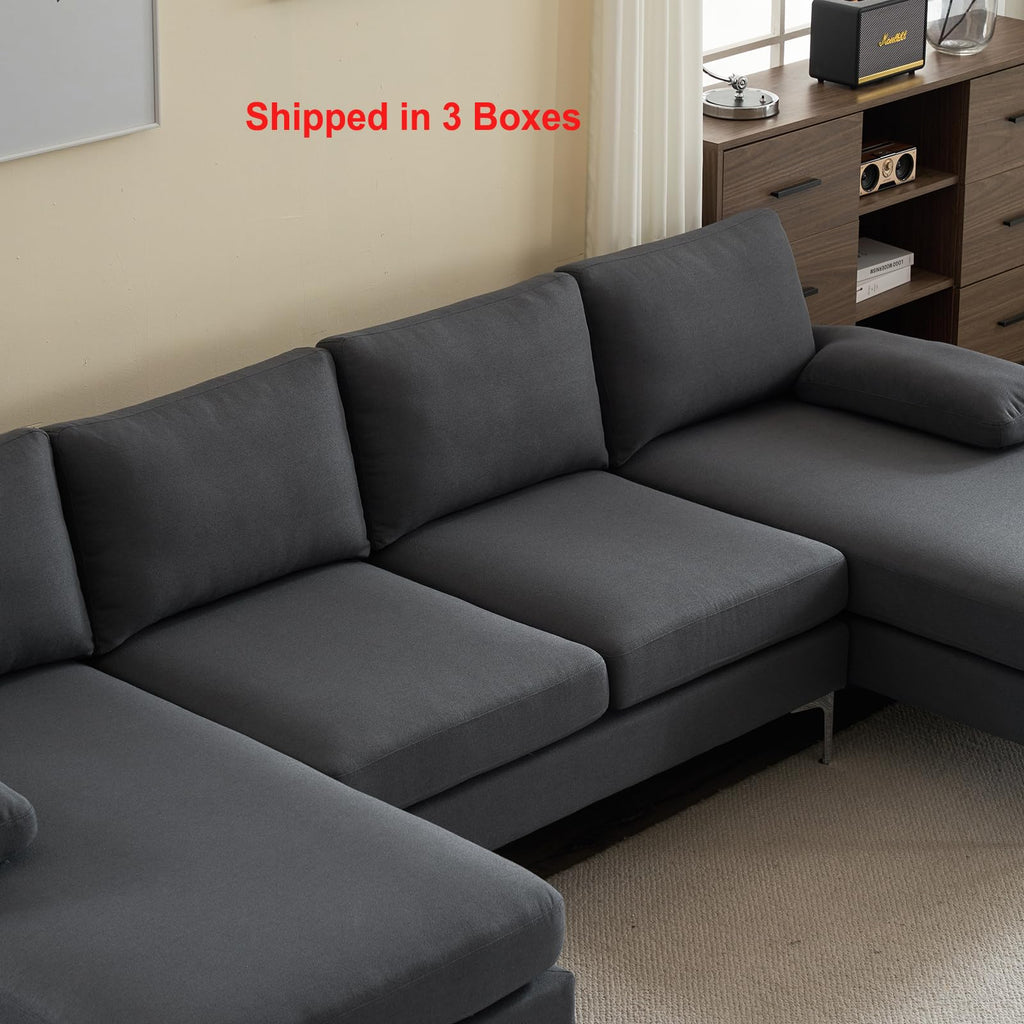 110" U-Shaped Sectional Sofa, 4-Seat Modular Couch with Double Chaise, Modern Linen Fabric Sofa for Living Room, Heavy Duty 1200lbs Capacity, Metal Legs, Dark Gray