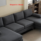 110" U-Shaped Sectional Sofa, 4-Seat Modular Couch with Double Chaise, Modern Linen Fabric Sofa for Living Room, Heavy Duty 1200lbs Capacity, Metal Legs, Dark Gray