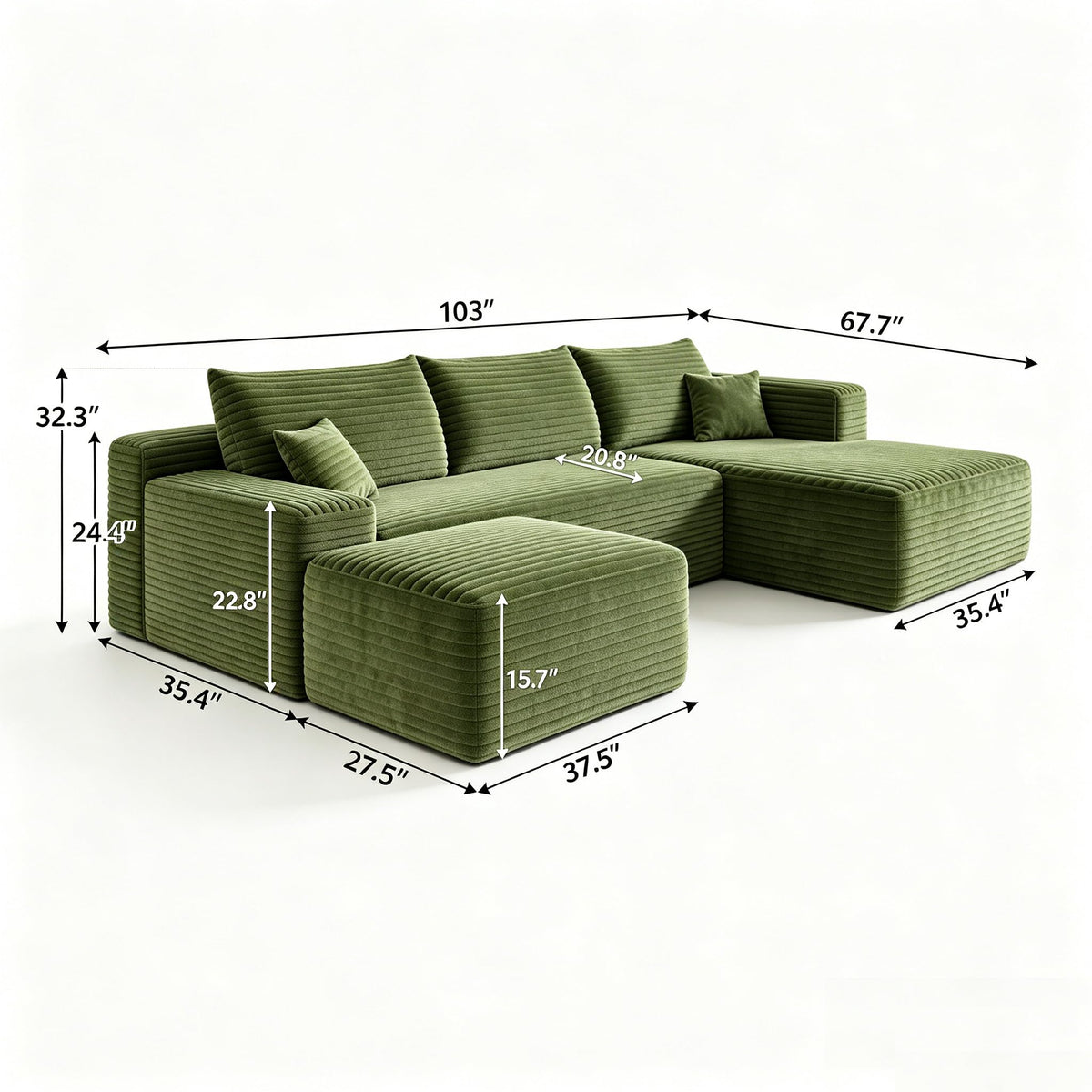 103" U Shaped Cloud Modular Boneless Sectional Couch Right Chaise, Green