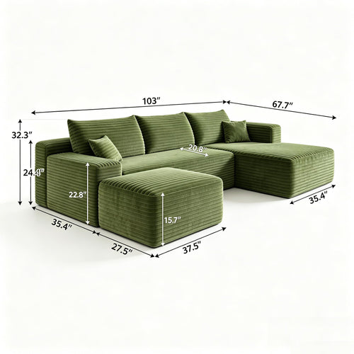 103" U Shaped Cloud Modular Boneless Sectional Couch Right Chaise, Green