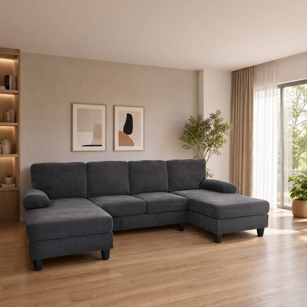 U-Shaped Sofa, Dual Chaise Sectional, 104 Inch, Camel