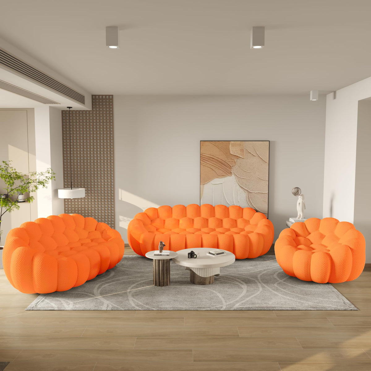 WJShome Modern Bubble Sofa Couch, 79.53" Curved Sofas for Living Room, Boneless Large Bean Bag Chair,Deep Seat Floor Sofas Chair Lounge 3 Seater for Home,Orange