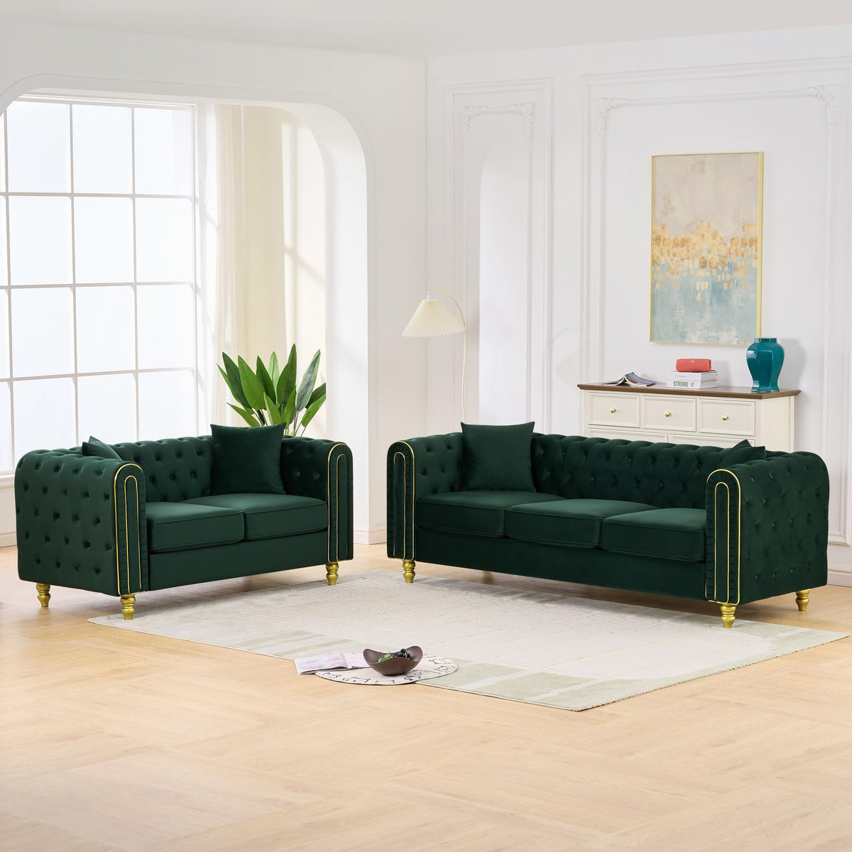 Velvet Chesterfield Sofa Set of 2, Mid Century Modern Deep Seat Loveseat + 3 Seater Couch with Golden Legs and Button Tufted, Upholstered Comfy Sofa with 2 Pillows for Living Room, Black Gold