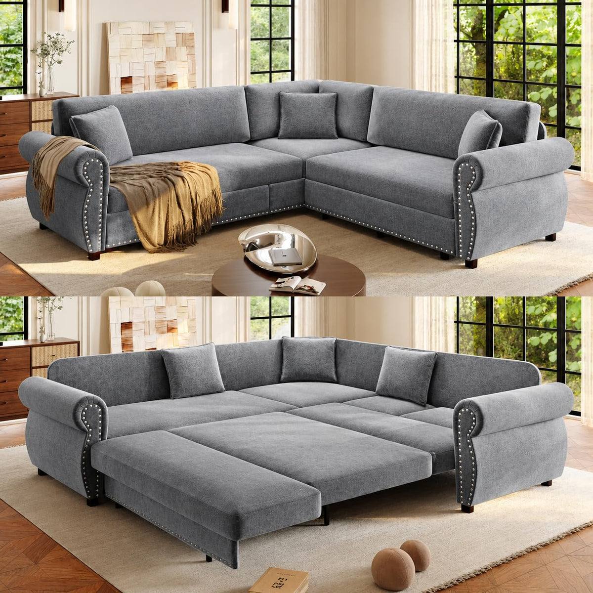 118" Sectional Sleeper Sofa with Pull Out Bed Chenille 6 Seater Couch