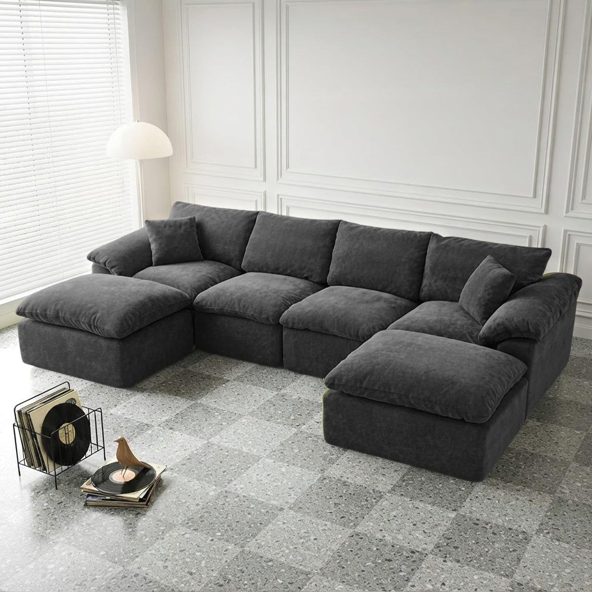 130" Oversized Boneless Sofa, Movable Ottoman, Chenille, No Assembly, Black