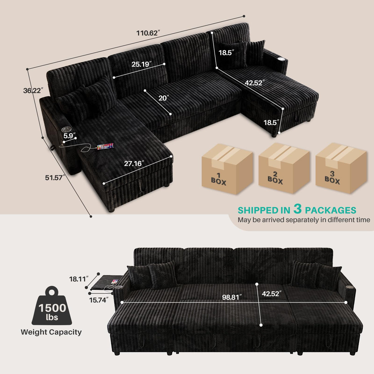 118" Sleeper Sectional Sofa, Comfy U Shaped Couch with Pull Out Bed, Convertible Corduroy Cloud Sofa with Double Storage Chaise, USB, Small Desktop, Modular Couch for Living Room, Black