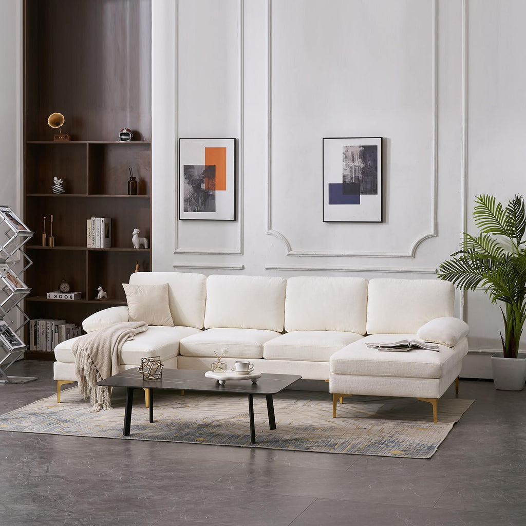 U-Shaped Sectional Sofa with Double Chaise, 113" Modern Modular 4-Seat Chenille Fabric Couch for Living Room, Comfortable Large Sofa with Gold-Plated Legs & Back Pillows, Creamy-White