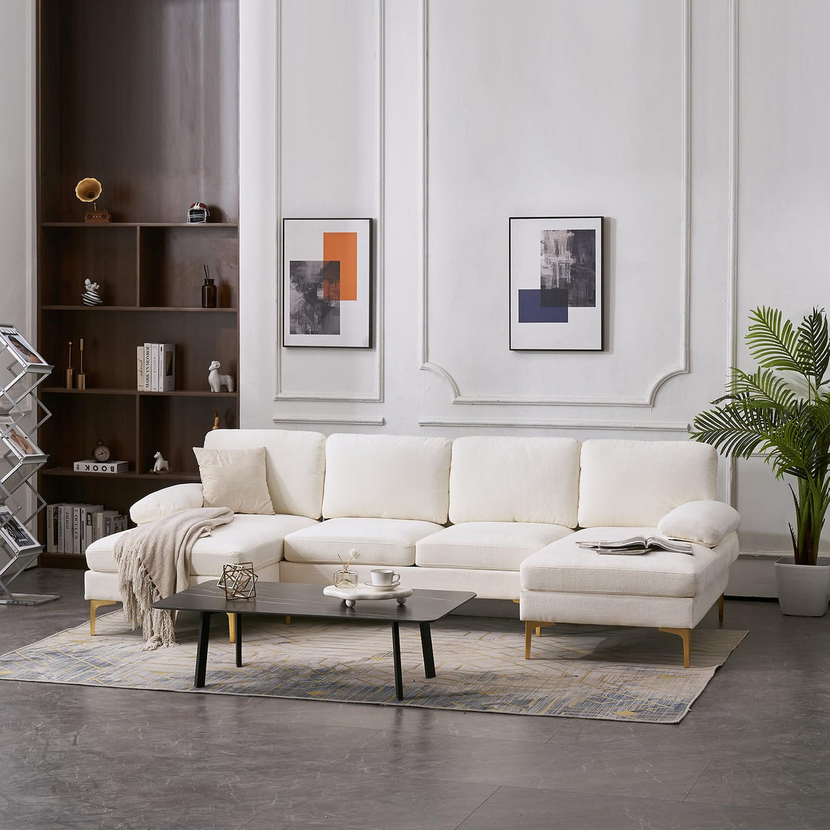 U-Shaped Sectional Sofa with Double Chaise, 113" Modern Modular 4-Seat Chenille Fabric Couch for Living Room, Comfortable Large Sofa with Gold-Plated Legs & Back Pillows, Creamy-White