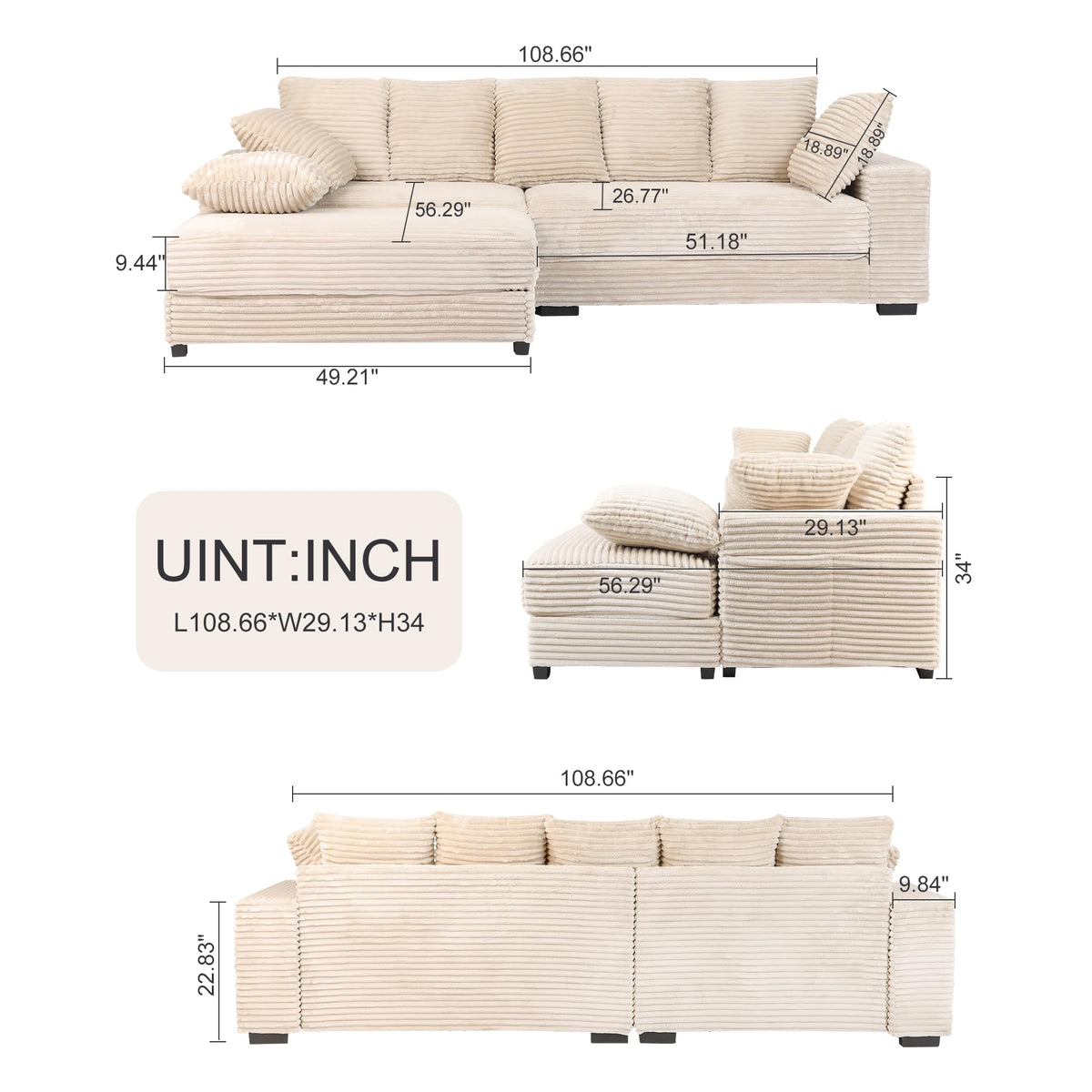 108.6" Sectional Sofa, Thickened Corduroy Sectional Couches for Living Room,Comfortable L Shaped Chaise Sectional Sofa with Storage Ottoman,Eight Throw Pillows,Beige HN428