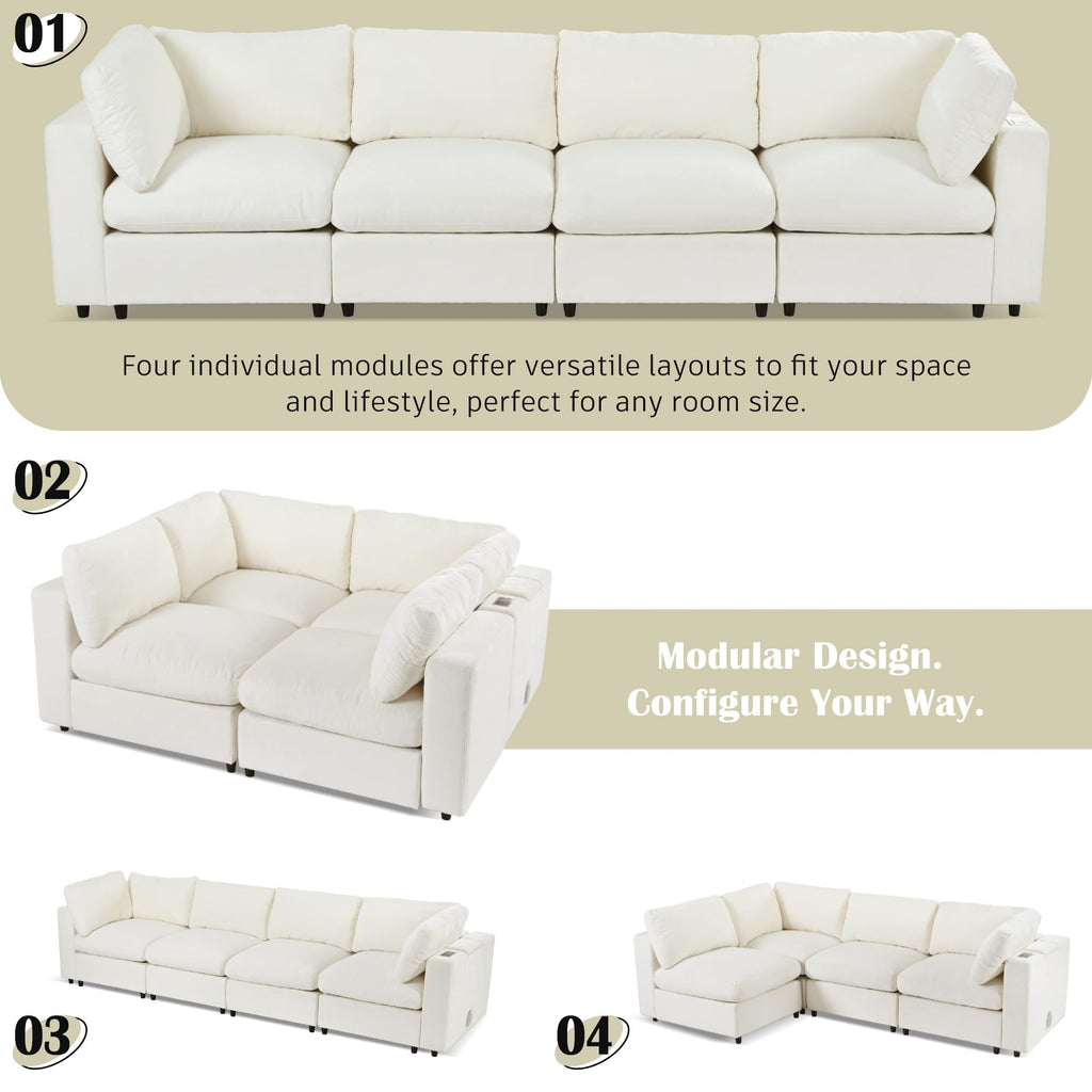 U-style 133.5" Upholstered Modular Sofa with Storage Space, USB Charge Por