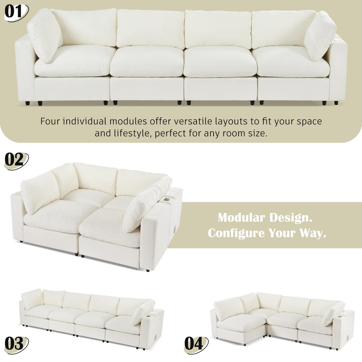 U-style 133.5" Upholstered Modular Sofa with Storage Space, USB Charge Por