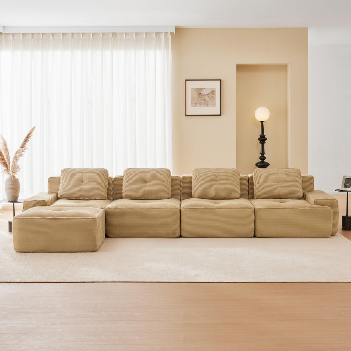 115.3” Camel Boneless Couches for Living Room, Modular Sectional Sofa with L-Shape Chaise, 3 Seater Comfy Upholstered Deep Seat Corduroy Fabric Cloud Couch No Assembly, Anti-Slip Design