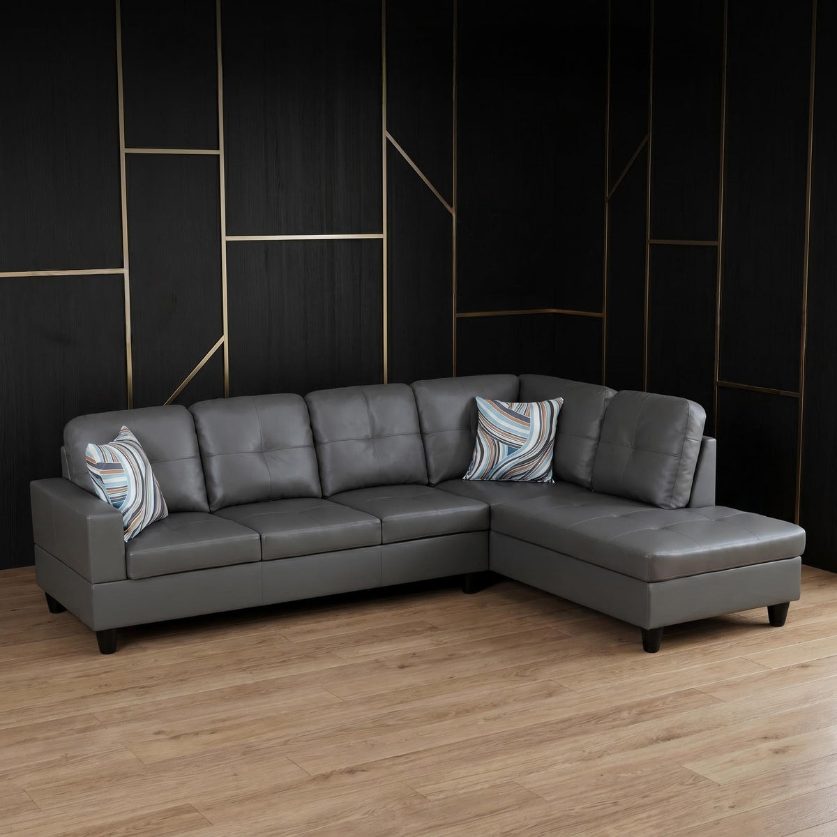 103.5" Sectional Couch with Movable Ottoman, L Shaped 4 Seater PU Faux Leather Sofa w/Chaise Lounge, Comfy Modern Modular Couch for Living Room, Apartment, White Stripes, Right, 3PCS