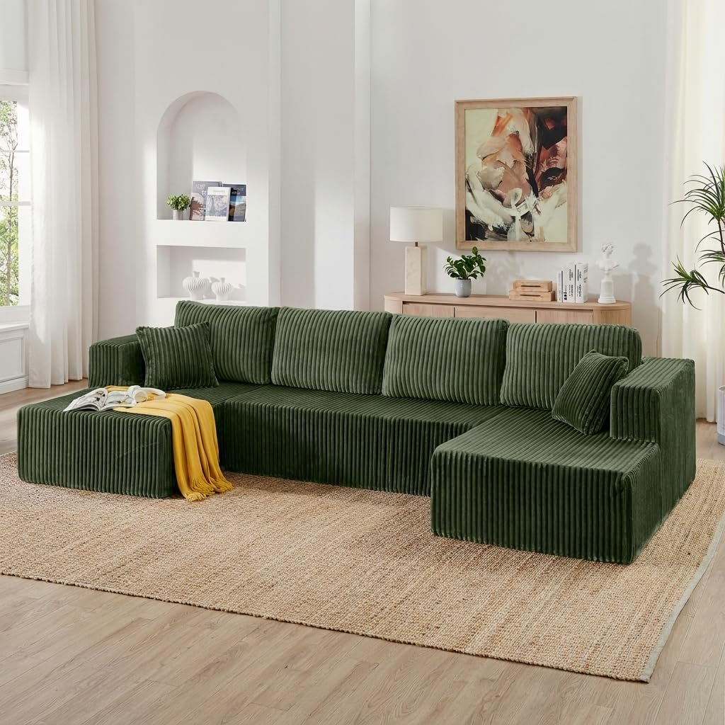 U Shape Modular Sofa Grey Corduroy 5 Seat Storage Space