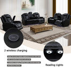 A Ainehome Power Leather Recliner Sofa Set with LED Lights, Recliner Sofa Sectional Couches for Living Room, Reclining Sofa, loveseat, Chair with USB Port/Storage Console/Cup Holder(black,3-piece set)