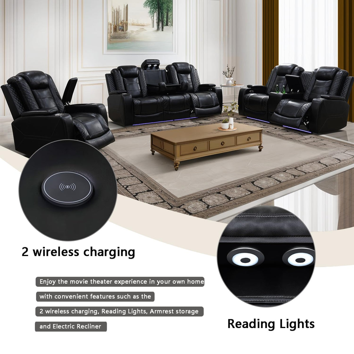 A Ainehome Power Leather Recliner Sofa Set with LED Lights, Recliner Sofa Sectional Couches for Living Room, Reclining Sofa, loveseat, Chair with USB Port/Storage Console/Cup Holder(black,3-piece set)