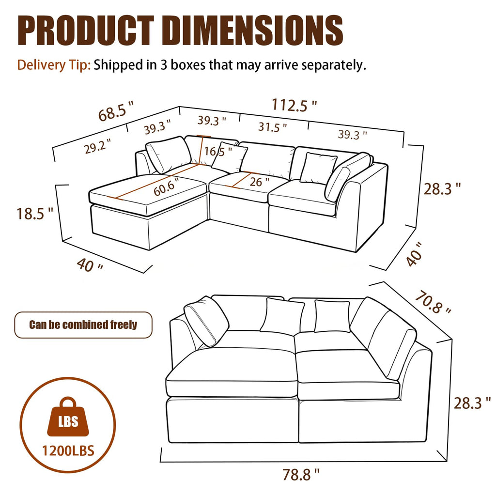 112.5" Modular Sectional Sofa, Chenille L Shaped Cloud Sectional Couch with Movable Ottoman & Deep Seat, 4 Seat Couches with 4 Pillows for Living Room, Apartment, Office, 1200LBS Capacity, Beige