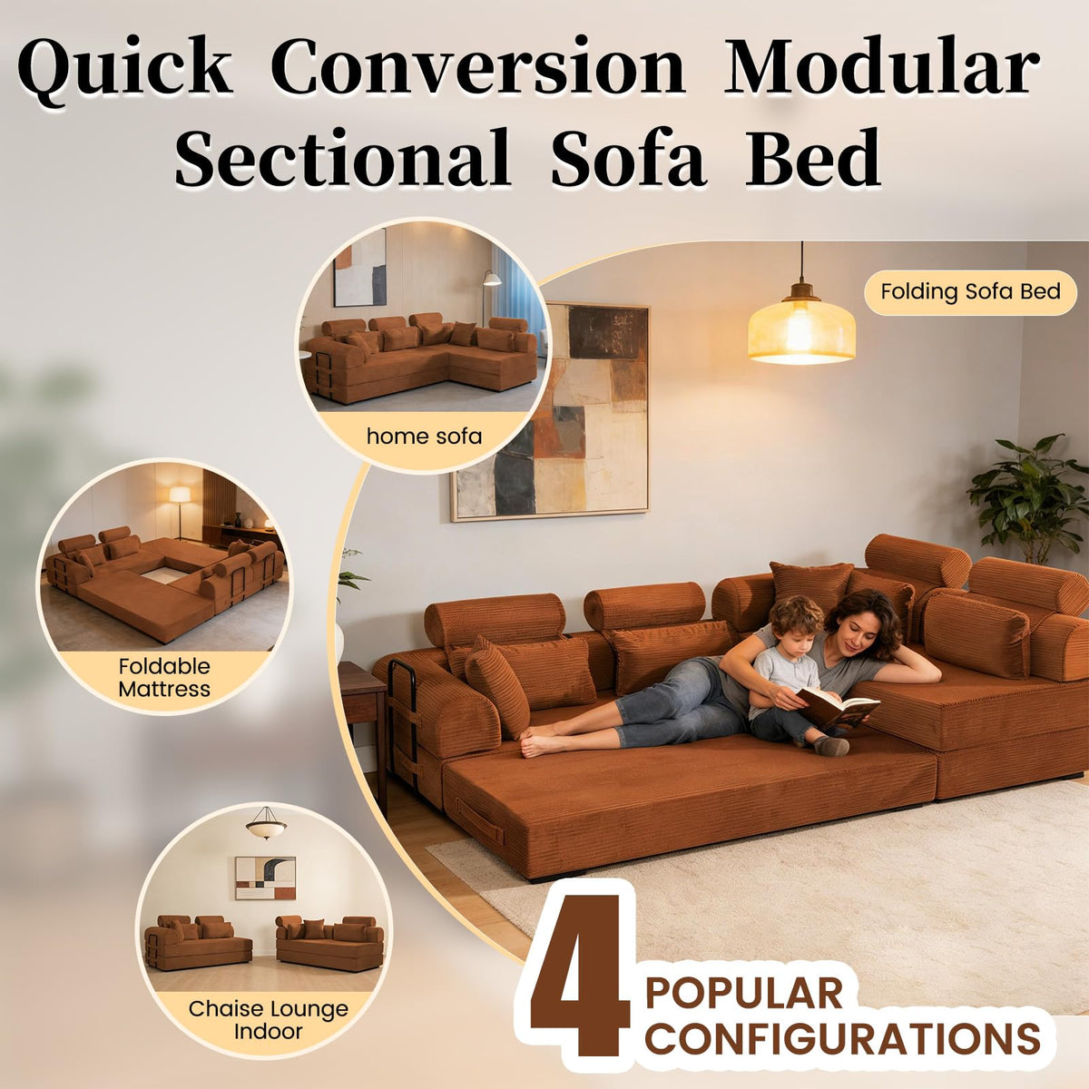 106" Convertible Sleeper Sectional Sofa Bed, 4-in-1 Corduroy Boneless Couch with Fixed-Shape Frame, Modular L-Shaped Sofa with Pillows, Fold Out Floor Sofa for Living Room Apartment (Orange)