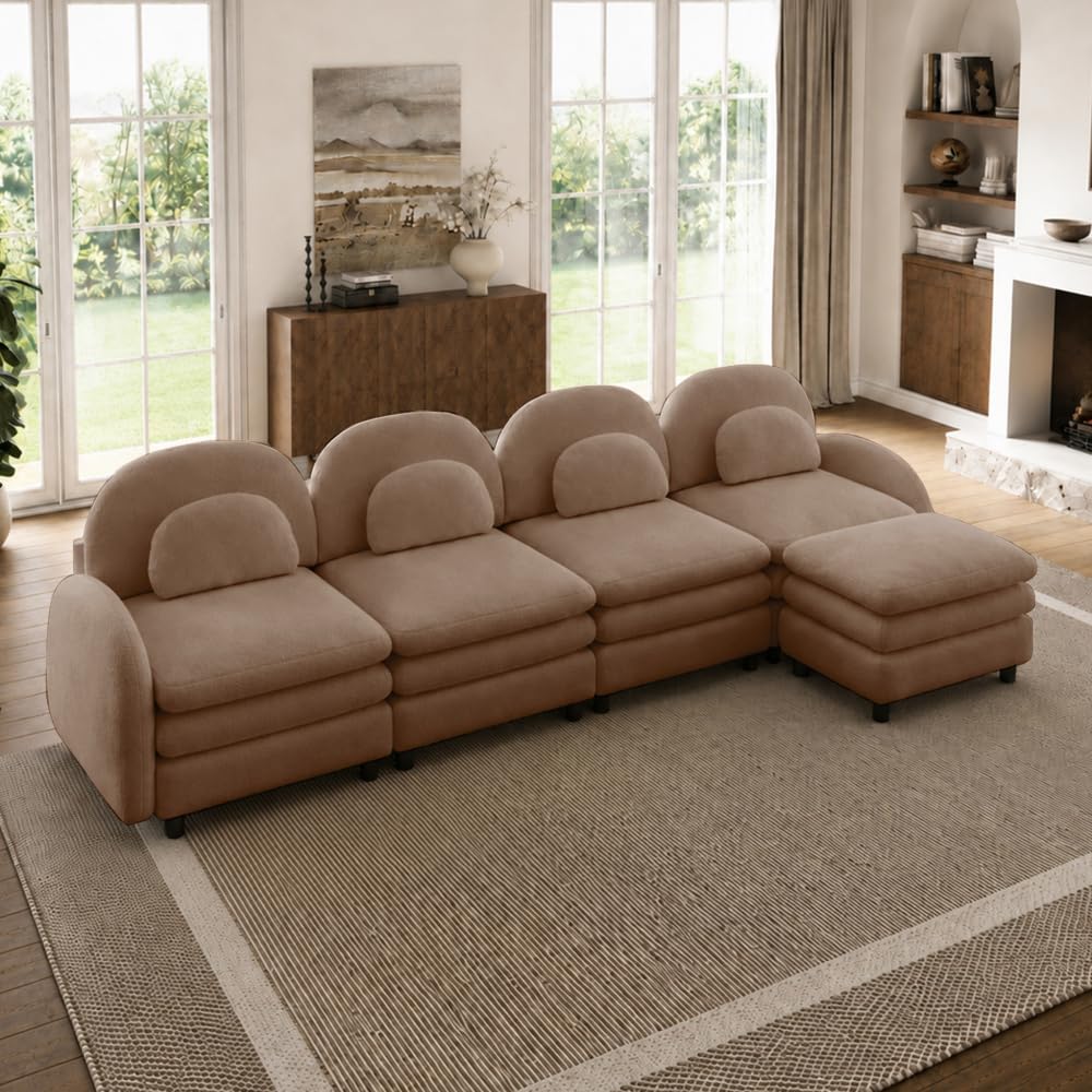 Teddy Fabric Cloud-Like 4-Seat Sofa,Curved Backrest and Armrest with Curved Lumbar Pillows, Sectional 4 Seater Modular Couch with Movable Ottoman and Supportive Double-Layer Cushion (Beige White)