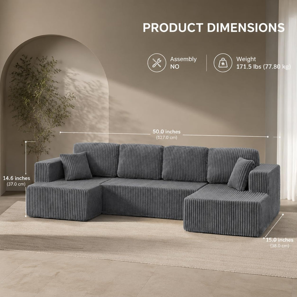 U Shape Modular Sofa Grey Corduroy 5 Seat Storage Space