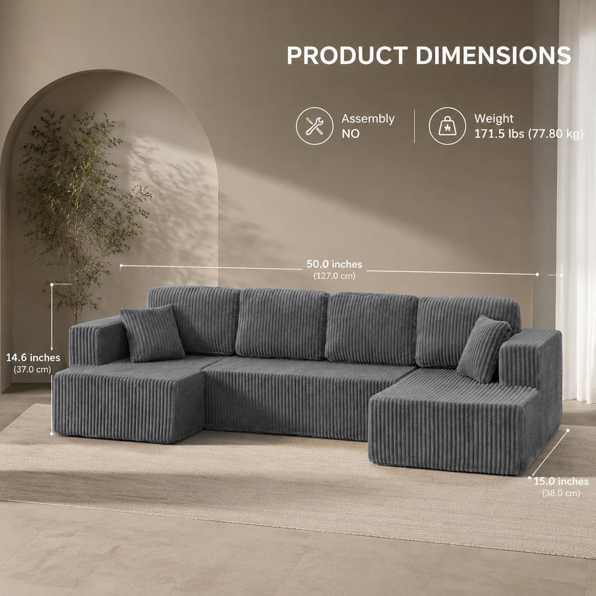 U Shape Modular Sofa Grey Corduroy 5 Seat Storage Space