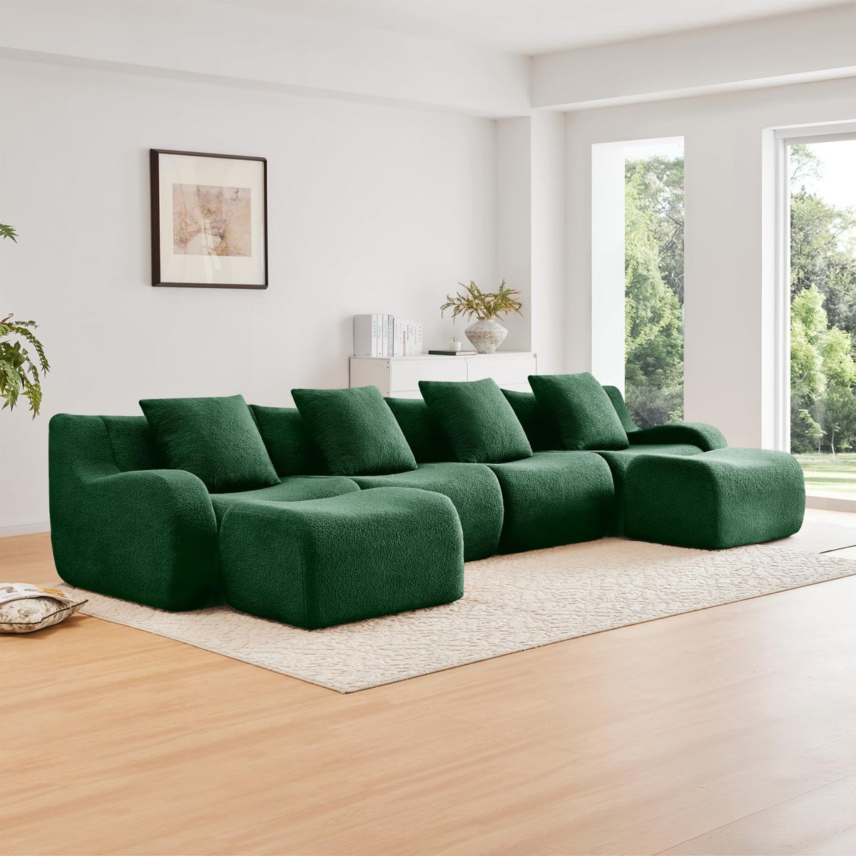 U-Shaped Boneless Sofa Teddy Green Modular Sectional Living Room Cozy