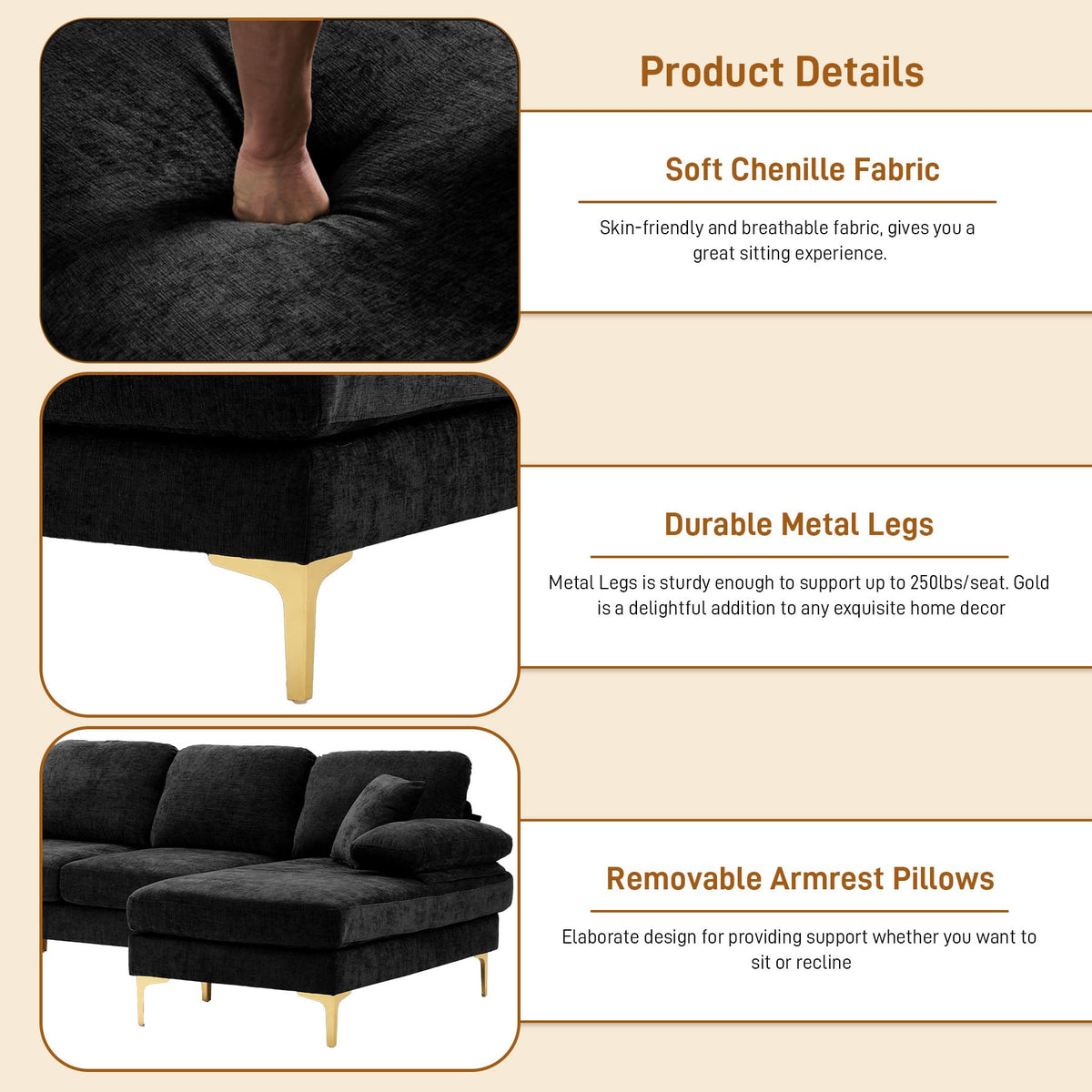 Wrofly U Shaped Couches for Living Room, Convertible L Shaped Couch with Double Chaise Lounge, Modern Comfy Oversized 4 Seater Couches for Living Room Set, Black