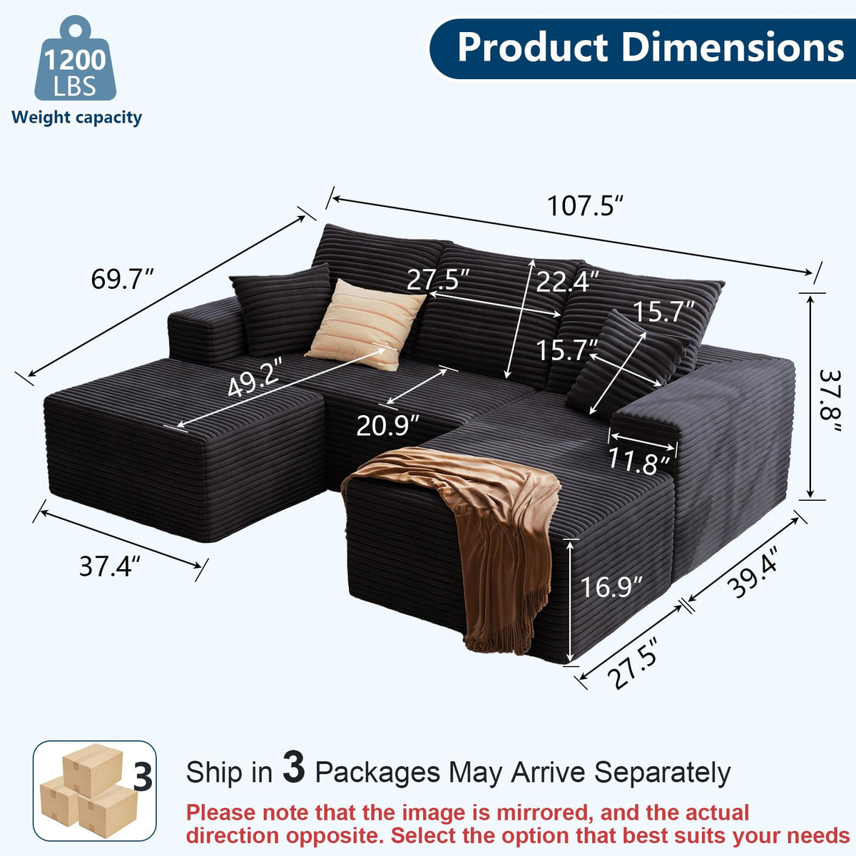 107.5" W Modular Sectional Sofa with Ottoman,Modern Corduroy U-Shaped Cloud Couch with Pillows,Comfy 3-Seater Sofa with Deep-Seat for Living Room, No Assembly Required (Black, Right-Facing Chaise)
