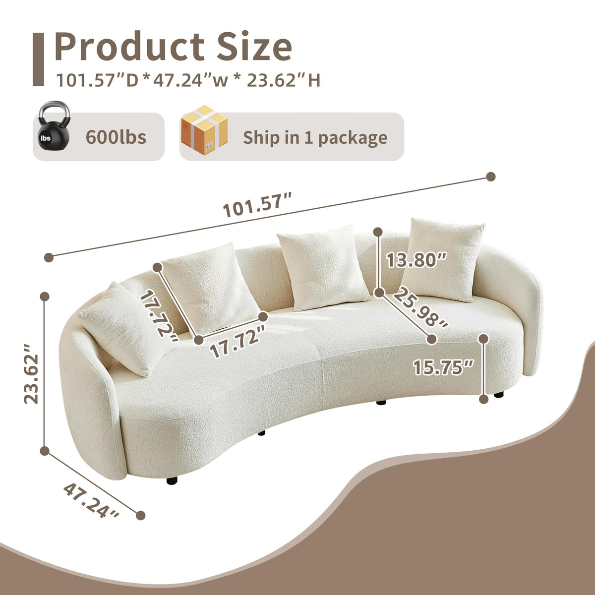 100inch Curved Sofa, 4-Seater Modern Cloud Couch with 4 Throw Pillows, Solid Wood Frame & Soft Boucle Upholstery, Sectional Sofa for Living Room,Apartment, Cream White (No Assembly Required)