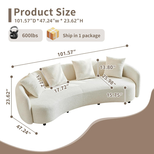 100inch Curved Sofa, 4-Seater Modern Cloud Couch with 4 Throw Pillows, Solid Wood Frame & Soft Boucle Upholstery, Sectional Sofa for Living Room,Apartment, Cream White (No Assembly Required)