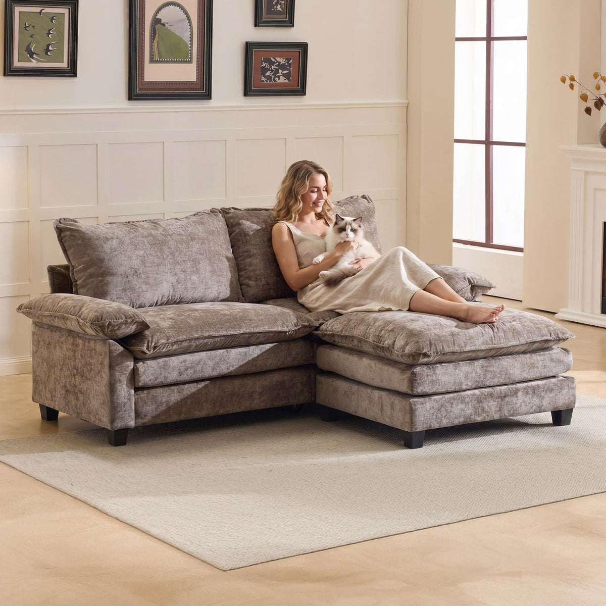 VINGLI 122" Chenille Double Layer Sofa Couch with 1 Ottoman, L-Shaped Sectional Cloud Couch for Small Spaces, Modern 3-Seater Sofa Set for Living Room & Apartment, Olive Green