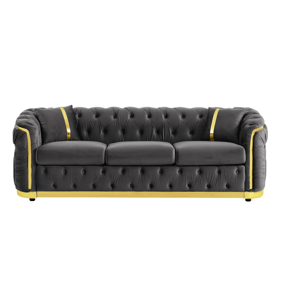 Tufted Velvet Chesterfield 3 Seater Sofa, 84.6 Inch Living Room Couch with Gold Trim and Wood Frame (Gray)