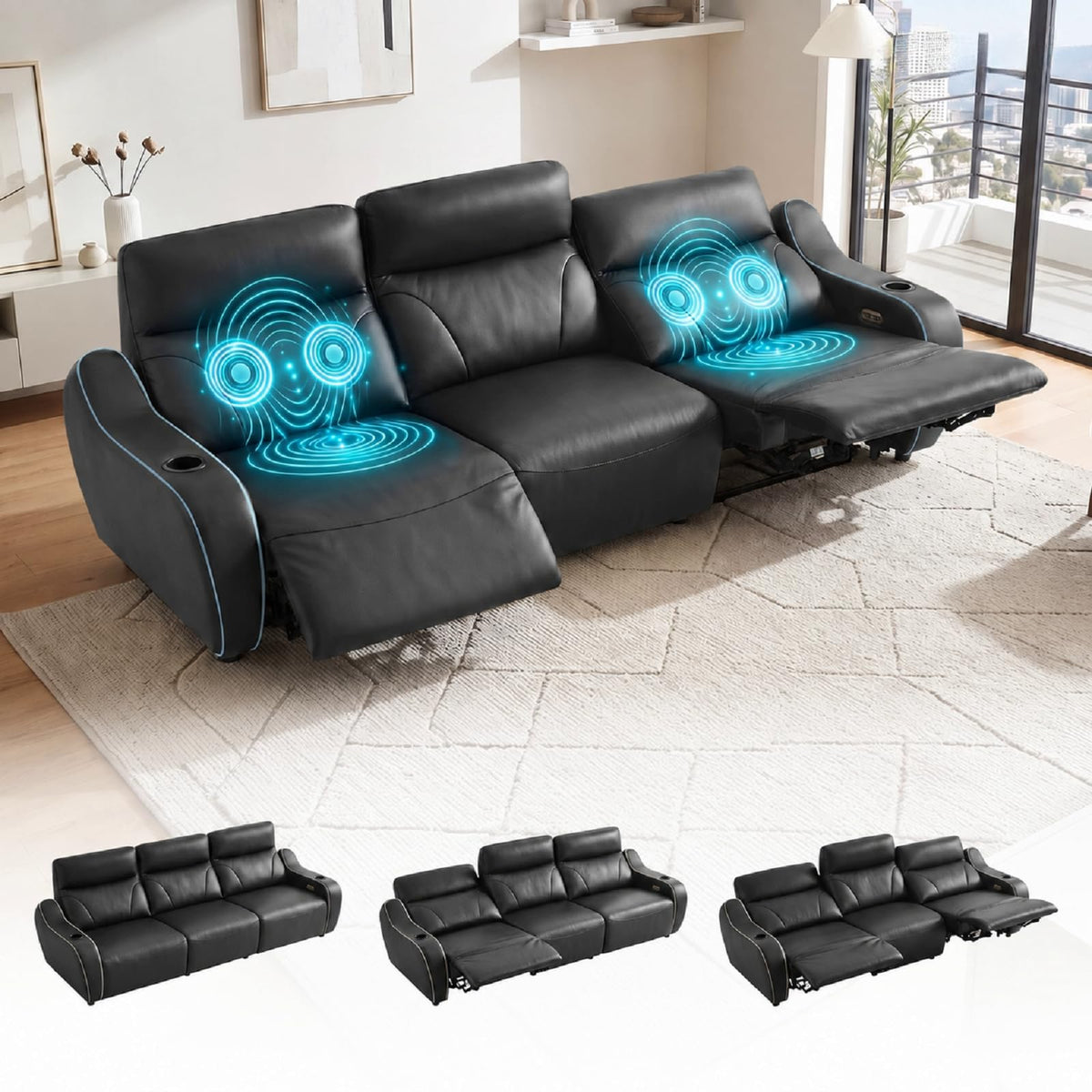 105" Genuine Leather Power Recliner Sofa, 3-Seat Zero Gravity Couch with Massage Backrest, Electric Recliner Couches with USB Ports Cup Holders & USB Charging Ports & LED Light Strip, Black