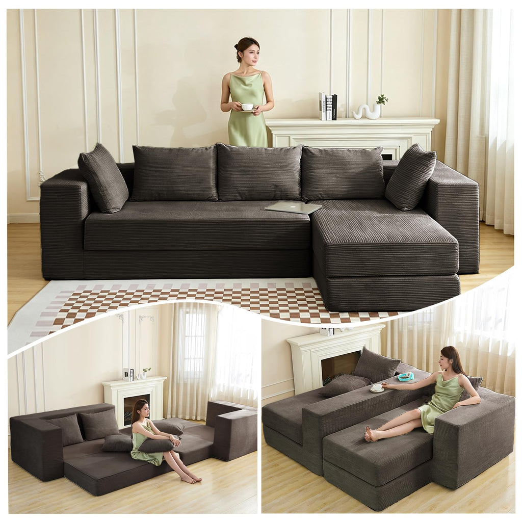 108" Boneless Sectional Chaise Couch, 17.5" Seat Height,Black Grey