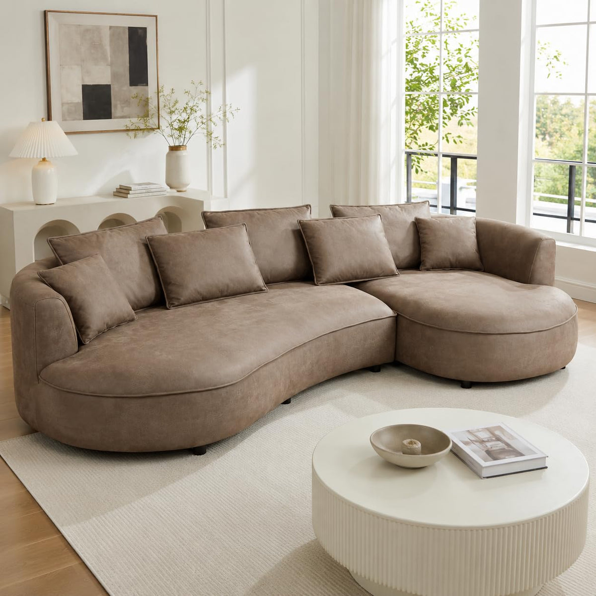 125-Inch Beige Boucle Sectional Sofa, 5 Seats, Left-Facing Chaise