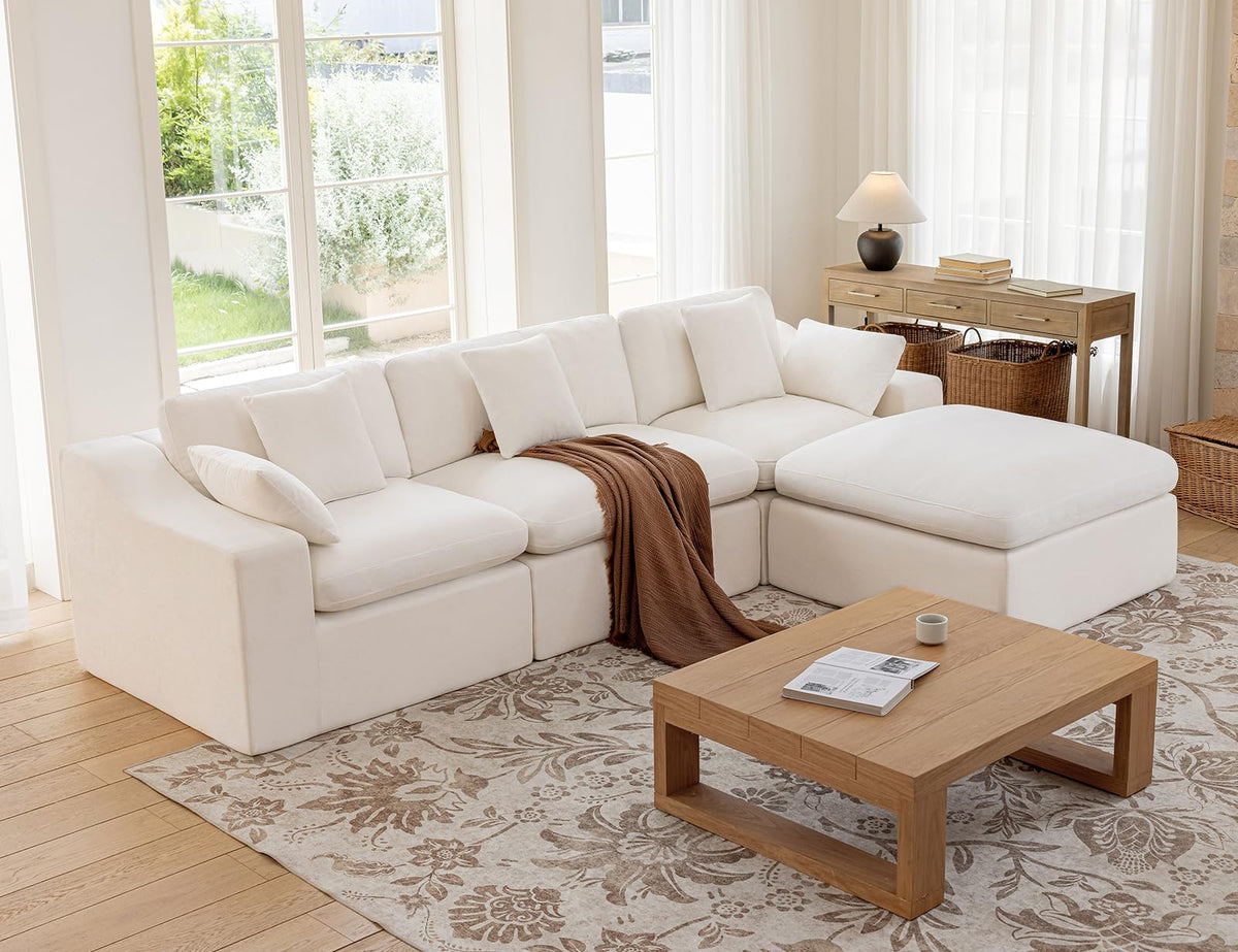 120" Cloud Sectional Couches -Oversized Modern Modular Sofa with Curved Handrail, Convertible L-Shape Couch with Ottoman,4 Chenille Seater Modular Sectional Sofa for Living Room,White