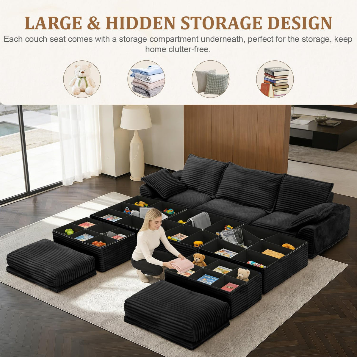 Upgraded Boneless Couch with Storage, 107" Modular Sectional Sofa Couches for Living Room, Extra Deep&High 3 Seater U-Shaped Boneless Sofa with Ottoman, Tool-Free Assembly, Black